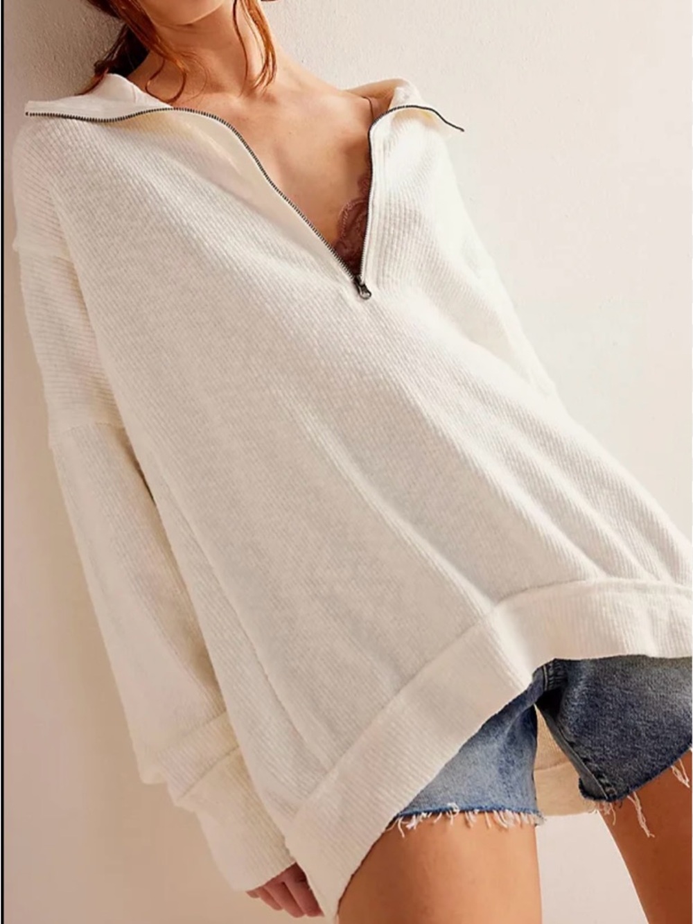 We The Free Cotton Ivory Walk Away Tunic Quarter Zip Collared Oversized Pullover